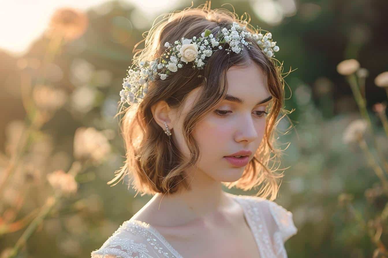 Coiffure mi-longue : sublimer votre mariage avec une couronne de fleurs