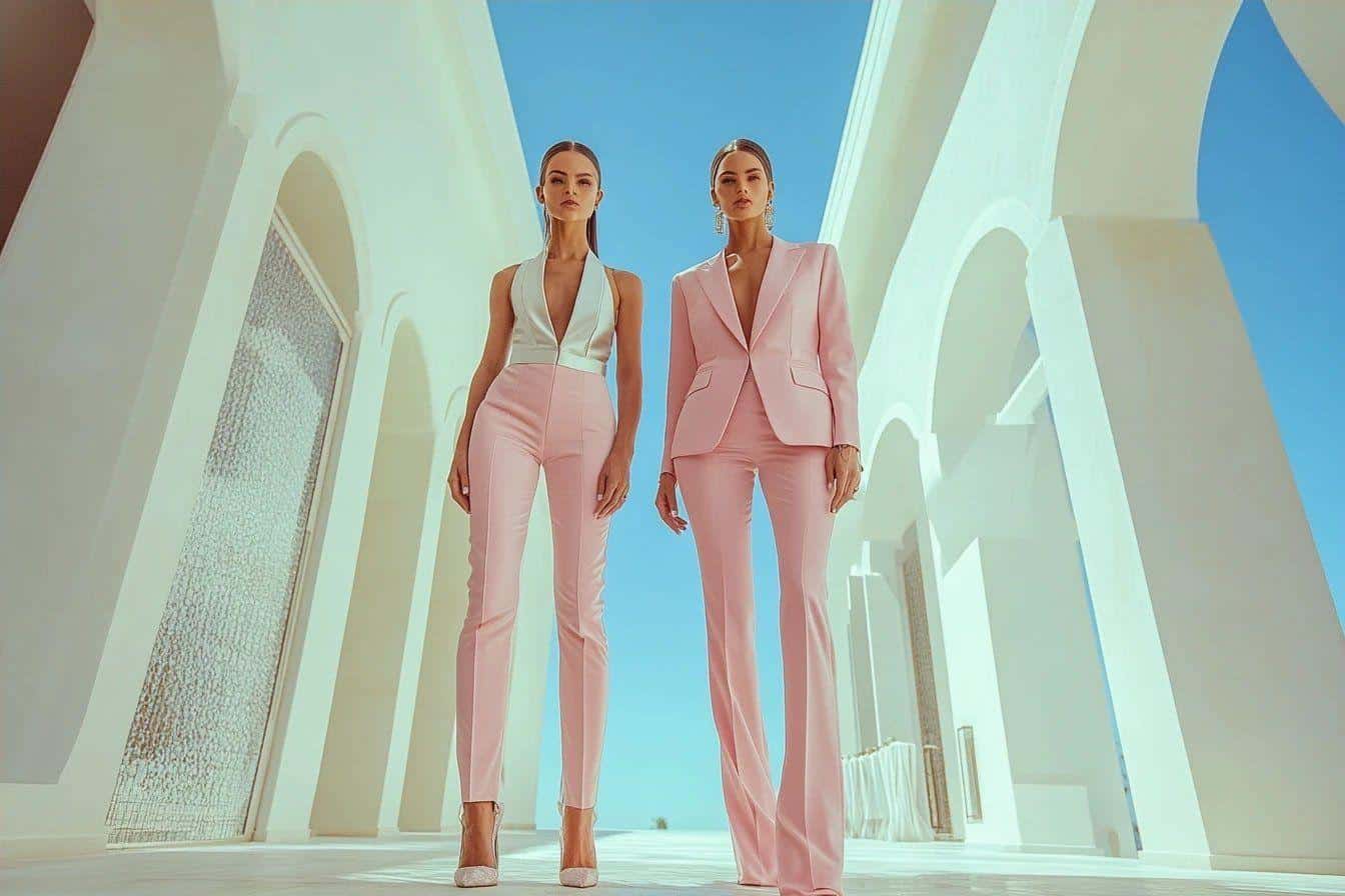 Mariées chic en combinaison Victoria Beckham et costume rose