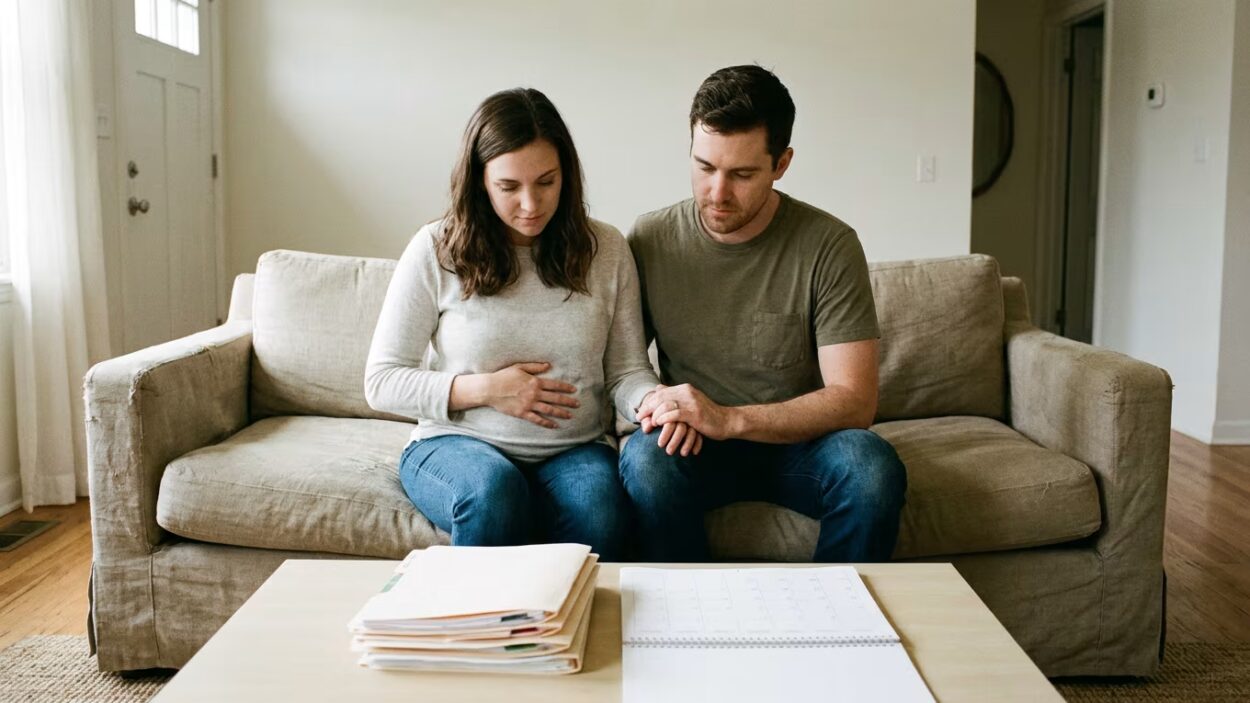 Couple dans un salon sobre, observant des dossiers médicaux et un calendrier muet, l’attente d’un deuxième enfant pèse entre espoir et incertitude.