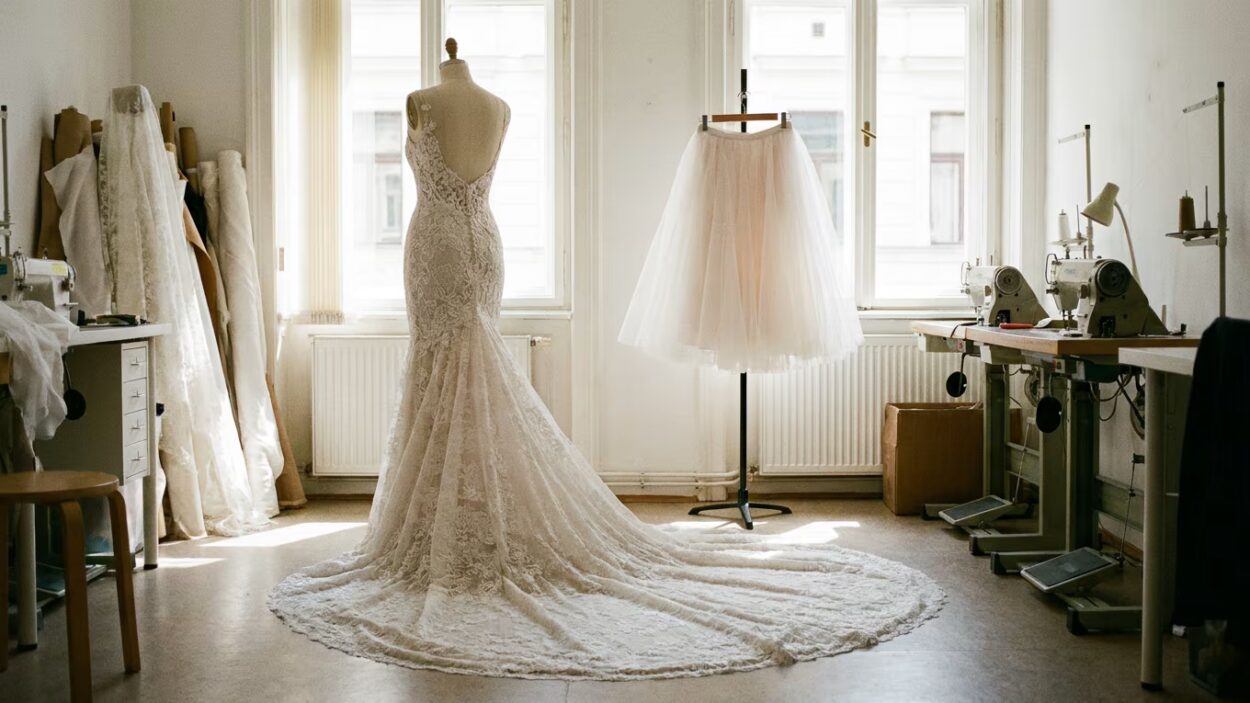 Robe de mariée transformable sur mannequin, avec traîne longue puis jupe allégée à côté, en atelier lumineux.